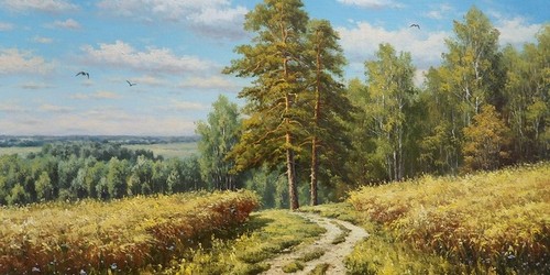 Равнинные пейзажи, картины полей и лугов маслом на холсте